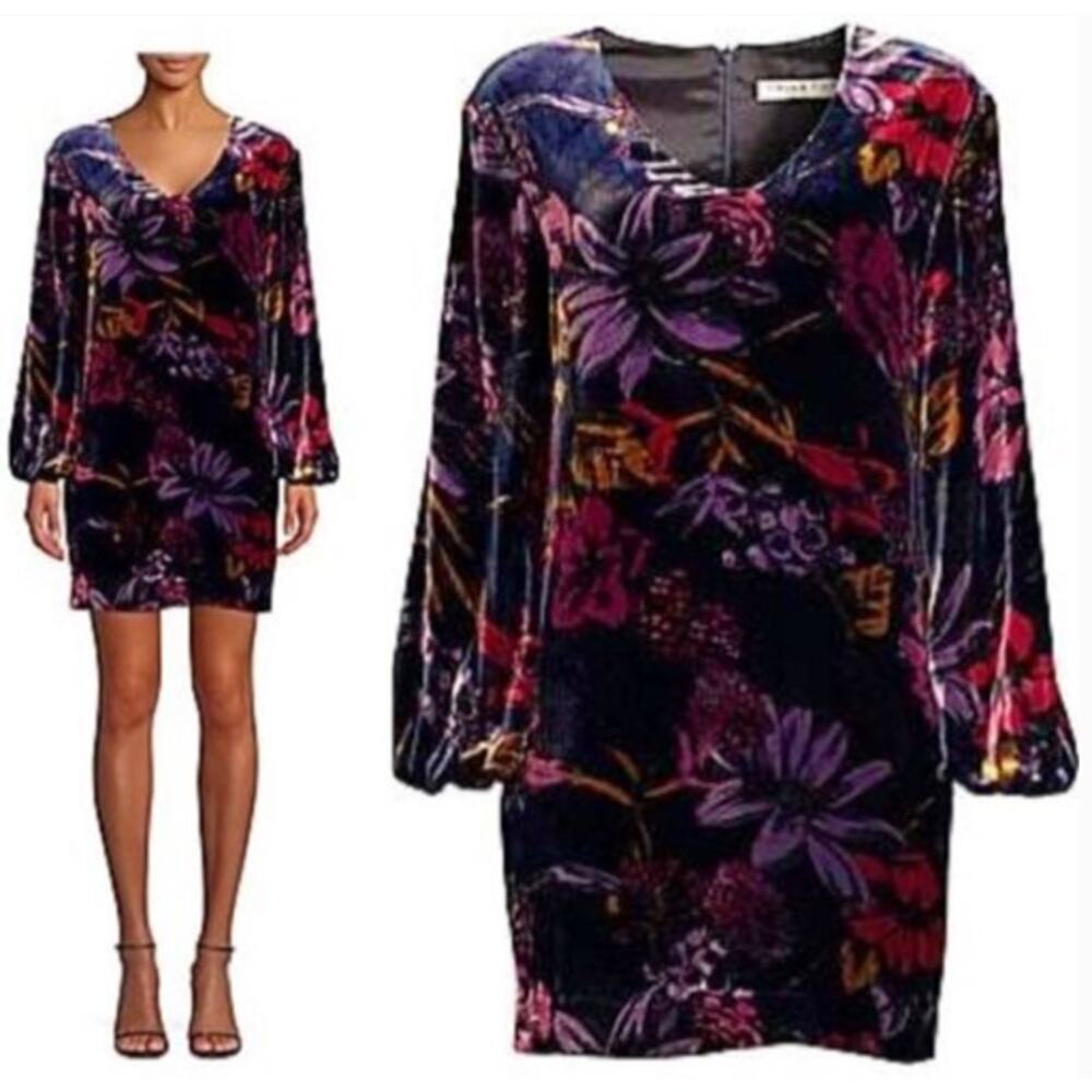 Trina Turk Dress Eclair Crushed Velvet Burnout Floral Long Sleeve Floral XS